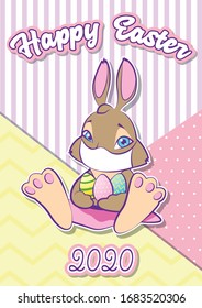 Happy Easter Greeting Card Cute Bunny with Eggs and Surgical Mask 