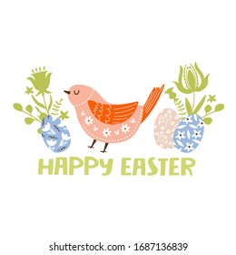 Happy Easter greeting card with cute bird, eggs, flowers, leaves and lettering. Vector illustration for card, invitation, poster, flyer etc.