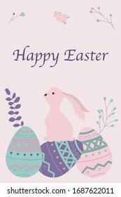 Happy Easter greeting card - cute bunny. Vector illustration. Pink background