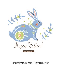 Happy Easter greeting card with cute bunny, flowers, leaves and lettering. Vector illustration for card, invitation, poster, flyer etc.