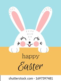 Happy Easter greeting card with cute white rabbit on blue and yellow background.