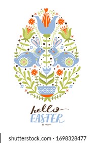 Happy Easter greeting card with cute bunny, flowers, leaves and lettering. Egg shape composition with folk motifs. Vector illustration for card, invitation, poster, flyer etc.