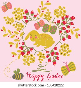 Happy Easter greeting card with cute bunny, flowers and butterflies in cartoon style