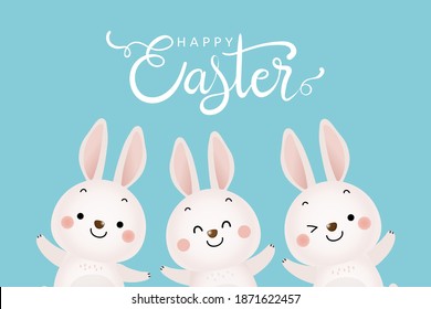 Feliz tarjeta de felicitación de Pascua con lindo conejito blanco. Vector de dibujos animados de conejo. Carácter de festividades animales.
