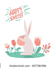 Happy Easter greeting card with cute bunny holding egg, flowers and Happy Easter lettering. Rabbits on a white background. Vector illustration for card, invitation, poster, flyer etc.