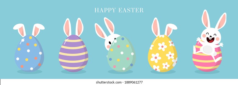 Happy Easter greeting card with cute white bunny and eggs. Rabbit character set. Animal wildlife holidays cartoon. -Vector.