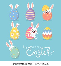 Happy Easter greeting card with cute white bunny and eggs. Rabbit character set. Animal wildlife holidays cartoon. -Vector.