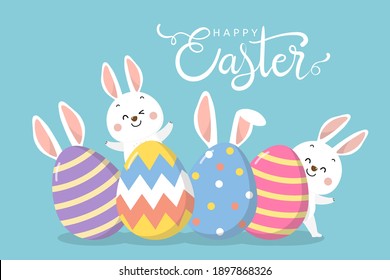 Feliz tarjeta de felicitación de Pascua con lindo conejo blanco y huevos. Conjunto de caracteres de conejo. Caricatura sobre las fiestas de animales salvajes. -Vector.