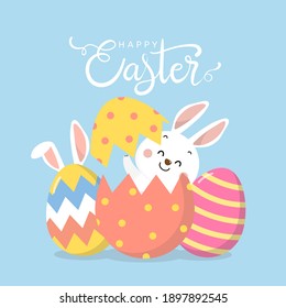 Happy Easter greeting card with cute white bunny and eggs. Rabbit character set. Animal wildlife holidays cartoon. -Vector.