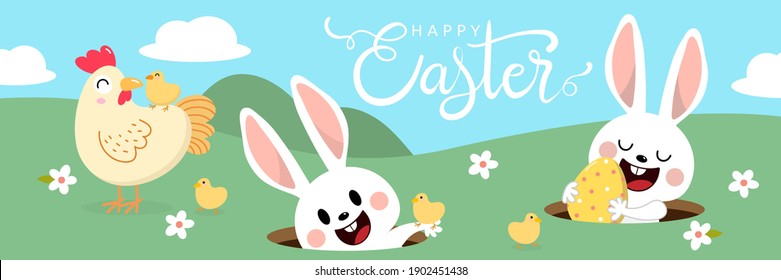 Tarjeta de felicitación de Pascua con un bonito conejo blanco, huevos de colores, pollo y una pequeña chica en el jardín verde. La temporada de primavera de bienvenida con conejo. Personaje de caricatura sobre el Día de la Vida Silvestre Animal. -Vector.