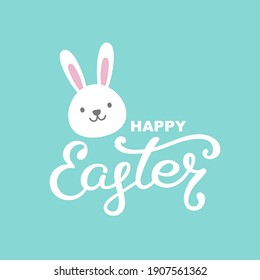 Happy Easter greeting card. Cute Easter bunny and hand lettering. Vector illustration.