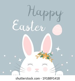 Happy Easter greeting card with cute white bunny, flowers and gold glitter