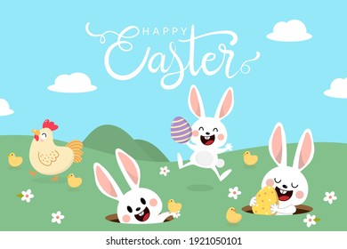 Happy Easter greeting card with cute white bunny, colourful eggs, chicken and little chick in the green garden. Welcome spring season with rabbit. Animal wildlife holiday cartoon character. -Vector.