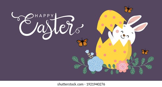 Frohe Osterkarte mit süßem weißem Hasen und Eiern. Kaninchen-Zeichensatz. Tierische Feiertage-Cartoon. -Vektorgrafik.