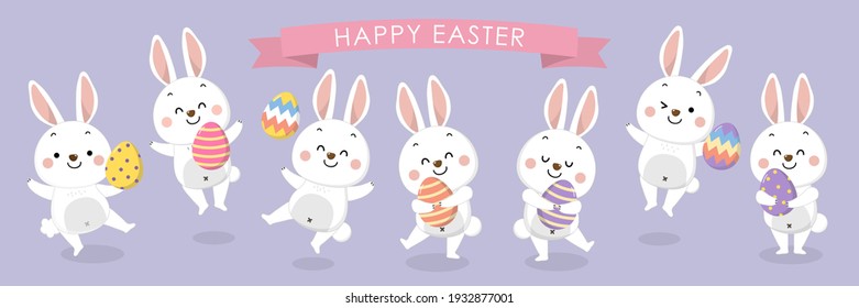 Happy Easter greeting card with cute white bunny and eggs. Rabbit character set. Animal wildlife holidays cartoon. -Vector.