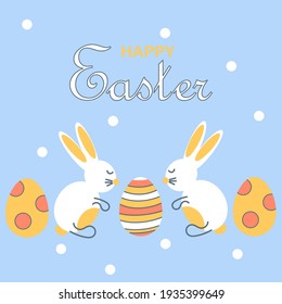 Happy Easter greeting card with cute bunnies and decorated Easter eggs. Flat children's cartoon style. Festive vector illustration on a blue background