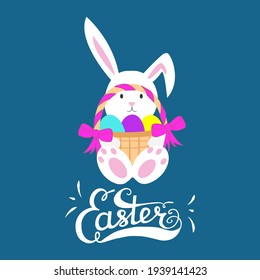 Feliz tarjeta de felicitación de Pascua con lindo conejo, huevos, canasta y arcos. Caricatura de un conejo en el día de Pascua con letras. Ilustración vectorial de vacaciones de primavera para invitaciones, afiches, etc.