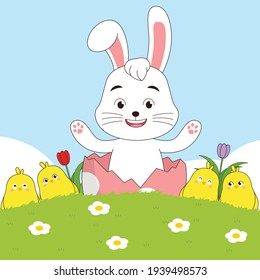 Happy Easter greeting card with cute little bunny and lettering design