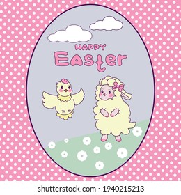 Happy Easter greeting card. Cute lamb and chick on a blue background in a pink frame. Easter concept. Vector image.