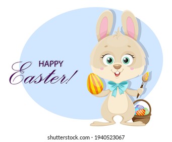 Feliz tarjeta de felicitación de Pascua. Pequeños huevos de pintura de conejo. Caricatura de conejo. Ilustración vectorial de material.