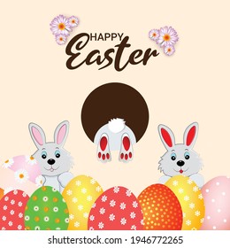 Happy easter greeting card with cute easter bunny and eggs