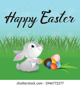 Happy easter greeting card with cute easter bunny and eggs