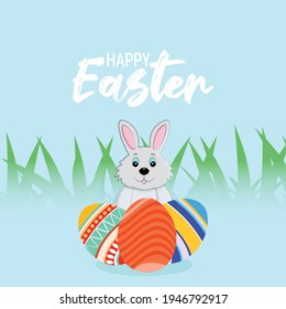Happy easter greeting card with cute easter bunny and eggs