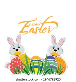 Happy easter greeting card with cute easter bunny and eggs