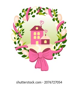Feliz saludo de Semana Santa de la linda casa con decoraciones naturales y en estilo de dibujos animados para niños. Ilustración festiva de primavera.