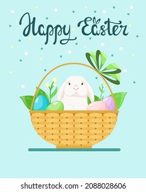 Happy Easter. A greeting card with a cute rabbit in a basket with eggs. Cartoon design.
