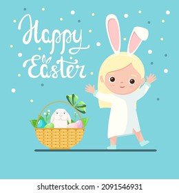 Frohe Ostern! Eine Grußkarte mit einem süßen Mädchen in einem Kaninchenkostüm. Cartoon-Design.
