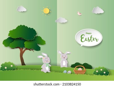 Happy Easter greeting card with cute rabbits on green paper art background,vector illustration