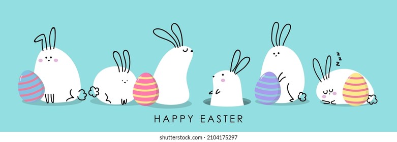 Happy Easter greeting card with cute white bunny and eggs. Rabbit character set. Animal wildlife holidays cartoon. -Vector.