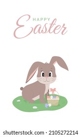 Happy Easter greeting card with cute cartoon easter bunny, eggs and text. Concept vector illustration.