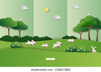 Happy Easter greeting card with cute rabbits jumping on spring garden,vector illustration