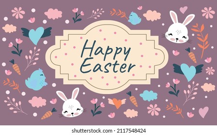 happy easter greeting card. cute rabbit and easter set of flowers and eggs.