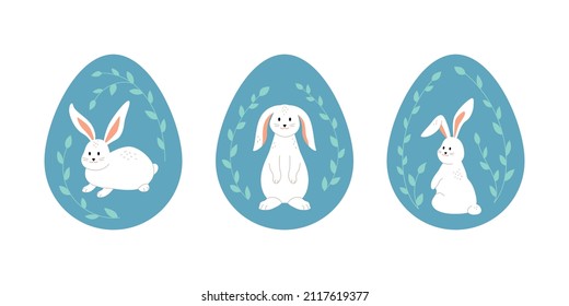 Frohe Osterkarte mit süßem weißem Hasen und Eiern. Kaninchen-Zeichensatz mit Dekoration in Eier. Tierische Feiertage-Cartoon. Vektorgrafik.
