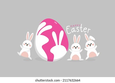 Happy Easter greeting card with cute white bunny and eggs. Rabbit character set. Animal wildlife holidays cartoon. -Vector.