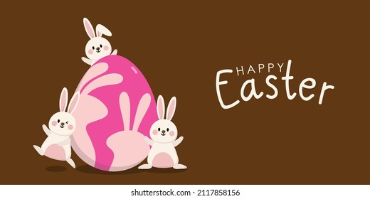 Happy Easter greeting card with cute white bunny and eggs. Rabbit character set. Animal wildlife holidays cartoon. -Vector.