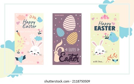 happy easter greeting card. cute rabbit and easter set of flowers and eggs. set for stories