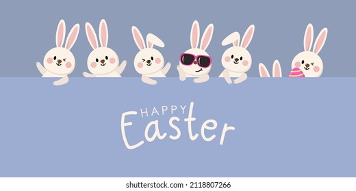 Happy Easter greeting card with cute white bunny and eggs. Rabbit character set. Animal wildlife holidays cartoon. -Vector.