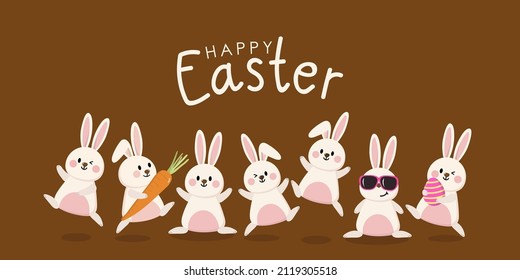 Happy Easter greeting card with cute white bunny and eggs. Rabbit character set. Animal wildlife holidays cartoon. -Vector.