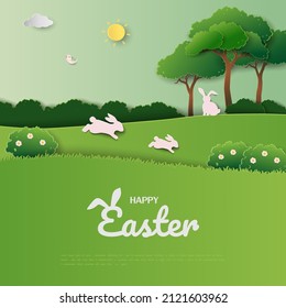 Happy Easter greeting card with cute rabbits on spring garden,vector illustration