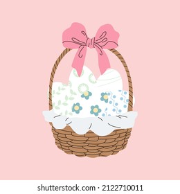 Happy Easter greeting card. Cute cartoon Easter eggs  in the basket with big bow. Wicker basket and beautiful napkin. Colorful spring hand drawn flat illustration.