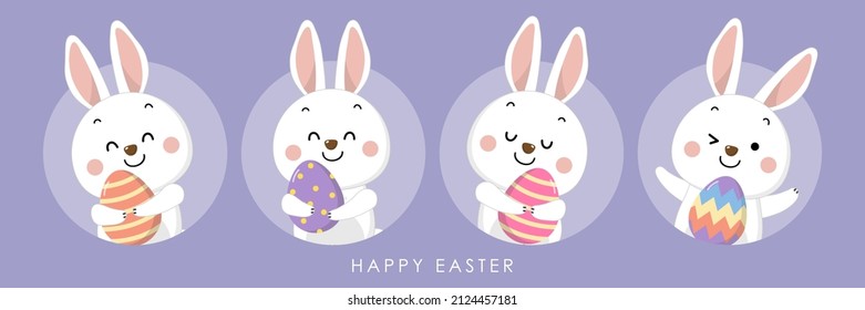 Happy Easter greeting card with cute white bunny and eggs. Rabbit character set. Animal wildlife holidays cartoon. -Vector.