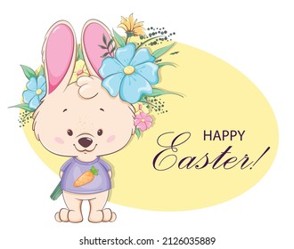 Feliz tarjeta de felicitación de Pascua. Personaje de caricatura de conejo lindo con un hermoso ramo de flores
