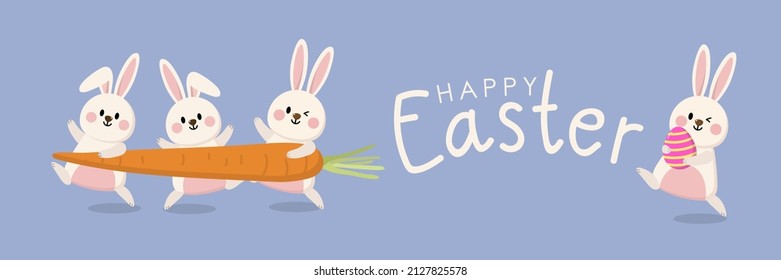 Happy Easter greeting card with cute white bunny and eggs. Rabbit character set. Animal wildlife holidays cartoon. -Vector.