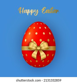 Happy Easter greeting card. Cute red 3D Easter egg with golden ribbon and bow. Vector illustration.