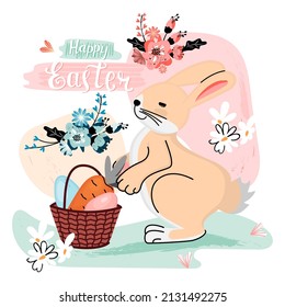 Happy Easter greeting card with cute rabbit,basket with carrot and eggs,hand lettered text and flowers.Background with abstract grunge spots in pastel colors.Hand drawn vector stock illustration.