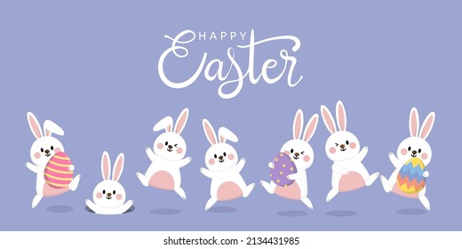 Happy Easter greeting card with cute white bunny and eggs. Rabbit character set. Animal wildlife holidays cartoon. -Vector. - Shutterstock ID 2134431985